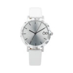 Reloj Cloe de piel genuina con caja en acero inoxidable y bisel de acetato con efecto mármol